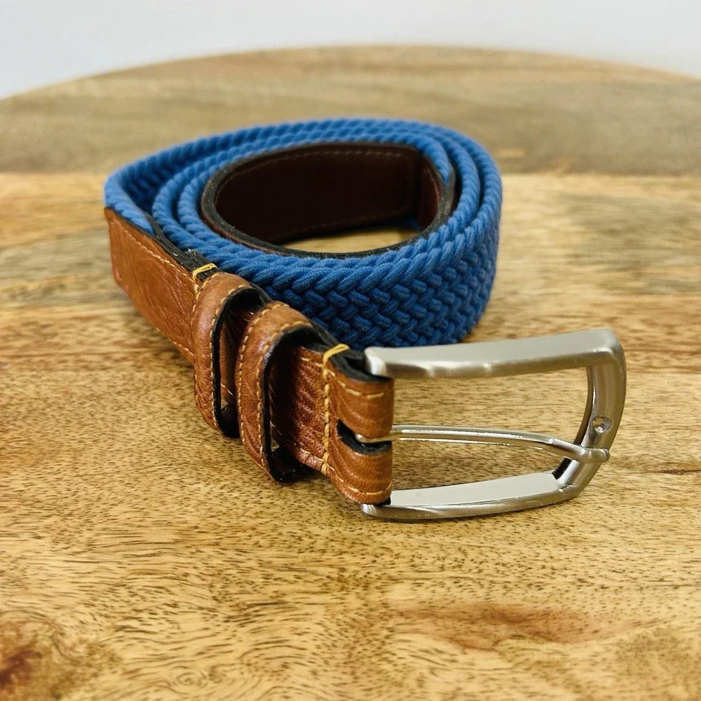 TORINO Italian Woven Elastic Belt Leather Tabs Blue Sz 40 MSRP$80 Made In USA